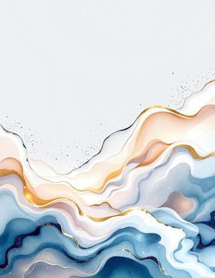 The primary subject of the image is a painting of a wave, featuring a mix of blue, white, and gold colors. The setting is a white background, and the visual style appears to be a combination of digital art and illustration. The painting creates a sense of movement and dynamism, with the gold accents adding a touch of luxury and sophistication to the overall atmosphere.