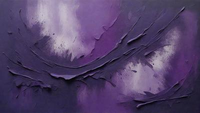 The primary subject of the image is a purple painting with a thick, textured appearance. The setting is a canvas, and the visual style is a painting. The dominant colors in the painting are purple and gray, creating a moody and dramatic atmosphere.