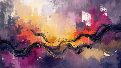 The primary subject of the image is a colorful, abstract painting featuring a wave-like design. The setting is a canvas, and the visual style is a combination of digital art and illustration. The dominant colors in the painting are yellow, orange, and purple, creating a vibrant and lively atmosphere.