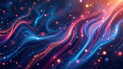 The primary subject of the image is a vibrant, colorful, and swirling pattern of lights. The setting is a dark background, which contrasts with the bright and lively colors of the pattern. The visual style appears to be a combination of digital art and illustration, creating a dynamic and captivating scene. The colors and mood of the image are predominantly purple and blue, giving it a sense of depth and a calming atmosphere.