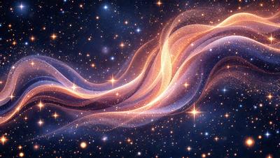 The primary subject of the image is a swirling, flowing, and colorful pattern that resembles a galaxy or a nebula. The setting is a dark, starry sky, with the pattern standing out against the backdrop. The visual style is a combination of digital art and illustration, creating a vibrant and dynamic scene. The colors and mood are predominantly blue and purple, with a sense of wonder and awe.