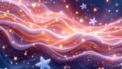 The primary subject of the image is a wave with a pink and purple hue, featuring a starry background. The visual style appears to be a digital art or illustration, creating a vibrant and colorful atmosphere. The colors and mood of the image are predominantly pink and purple, with the starry background adding a sense of depth and dimension to the scene.