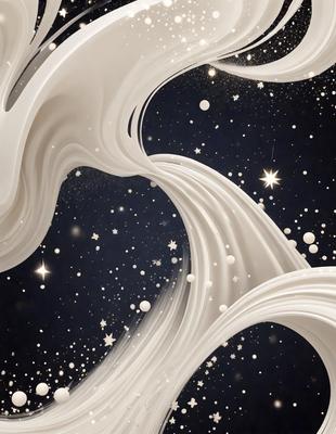 The primary subject of the image is a swirling, flowing mass of white cream, which appears to be a creamy substance or a frothy milk. The setting is a dark, starry background, which adds a sense of depth and contrast to the scene. The visual style of the image is a combination of photo and digital art, creating a unique and captivating representation of the creamy substance. The colors and mood of the image are predominantly dark and moody, with the white cream standing