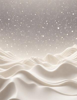 The primary subject of the image is a mountain range with a starry night sky in the background. The setting is a white, textured surface that gives the impression of a snowy landscape. The visual style is a combination of photo and digital art, creating a unique and captivating scene. The colors and mood of the image are predominantly white, with the starry night sky adding a touch of warmth and tranquility to the overall atmosphere.