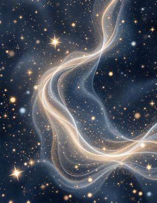 The primary subject of the image is a swirling, flowing, and glowing mass of stars. The setting is a dark, star-filled sky, with the stars being the main objects in the scene. The visual style is a combination of a photo and digital art, creating a dynamic and captivating representation of the celestial landscape. The colors and mood of the image are predominantly dark and mysterious, with the stars providing a sense of wonder and awe.
