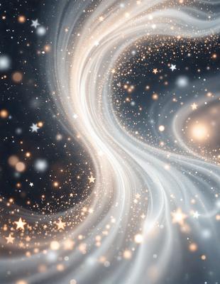 The primary subject of the image is a swirling, flowing, and sparkling mass of light, which appears to be a celestial or cosmic scene. The setting is a dark background, which contrasts with the bright and colorful light. The visual style is a combination of digital art and illustration, creating a dynamic and captivating scene. The colors and mood are predominantly bright and vibrant, with a sense of wonder and awe.