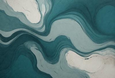 The primary subject of the image is a blue and white painting of a wave. The setting is a blue background, and the visual style appears to be a digital art or illustration. The dominant colors are blue and white, creating a calm and serene atmosphere.