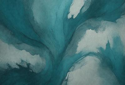 The primary subject of the image is a blue water-like surface with a flowing, curved design. The setting is a blue ocean, and the visual style is a combination of digital art and illustration. The colors and mood of the image are predominantly blue, creating a serene and calming atmosphere.