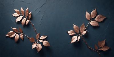 The primary subject of the image is a pair of leaves, which are the main objects in the scene. The leaves are attached to a branch, and they are displayed against a blue wall. The visual style of the image is a photo, capturing the natural beauty of the leaves. The colors in the image are predominantly shades of green and brown, creating a warm and natural atmosphere.