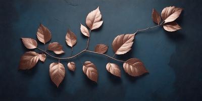 The primary subject of the image is a branch with leaves, which is the main object, scene, or focus of the image. The setting/background features a blue wall, which serves as the environment, backdrop, or surface visible in the image. The visual style of the image is a painting, as it is described as a painting of a branch with leaves. The colors and mood of the painting are predominantly brown and gold, creating a warm and natural atmosphere.