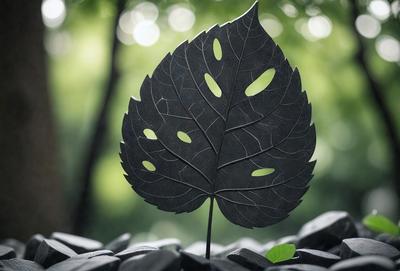 The primary subject of the image is a large, dark green leaf with a hole in the center. The leaf is placed on a rock surface, which serves as the setting. The visual style of the image is a close-up of the leaf, showcasing its intricate details. The colors and mood of the image are predominantly dark and moody, with the leaf being the main focal point.