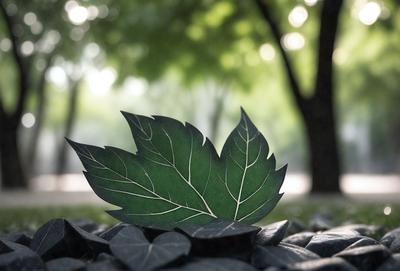 The primary subject of the image is a green leaf, which is the main object, scene, or focus of the image. The leaf is placed on a rock, which serves as the setting or background. The visual style of the image is a photo, capturing the natural beauty of the leaf. The colors and mood of the image are predominantly green, creating a serene and peaceful atmosphere.