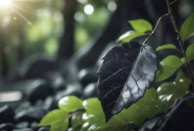 The primary subject of the image is a black leaf, which is the main object, scene, or focus of the image. The setting/background features a forest, with trees and greenery visible in the background. The visual style of the image is a photo, capturing the natural beauty of the leaf in its environment. The colors and mood of the image are predominantly dark, with the black leaf being the most prominent and striking element.