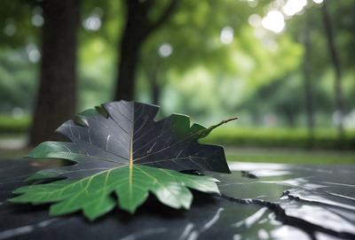 The primary subject of the image is a leaf, which is placed on a black surface. The leaf is green and appears to be a maple leaf. The setting is outdoors, with a tree visible in the background. The visual style is a photo, capturing the natural beauty of the leaf. The colors are predominantly green, with the black surface adding a contrasting element to the image. The overall atmosphere is serene and peaceful, as the leaf rests on the ground in a natural environment.