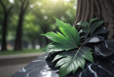 The primary subject of the image is a leaf, which is placed on a marble surface. The leaf is green and appears to be a part of a tree. The setting is outdoors, with a tree visible in the background. The visual style is a photo, capturing the natural beauty of the leaf. The colors in the image are predominantly green, creating a calm and serene atmosphere.