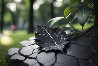The primary subject of the image is a black leaf, which is the main object, scene, or focus of the image. The leaf is placed on a black surface, which could be a stone or a piece of concrete. The setting or background of the image features a grassy area, providing a natural environment for the leaf. The visual style of the image is a close-up of the leaf, showcasing its details and texture. The colors in the image are predominantly black, giving the scene a moody and dramatic atmosphere