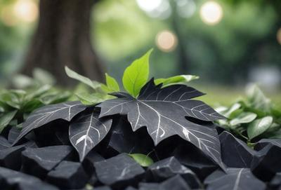 The primary subject of the image is a leaf, which is the main object, scene, or focus of the image. The leaf is placed on a surface, which appears to be a black rock or a stone. The setting or background of the image includes a tree, suggesting that the leaf may have been taken from the tree. The visual style of the image is a close-up of the leaf, showcasing its details and texture. The colors in the image are predominantly black and green, giving the image a natural and earthy