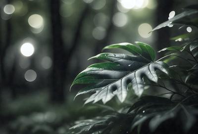 The primary subject of the image is a large green leaf, which is the main focus of the scene. The leaf is situated in a forest setting, surrounded by trees and foliage. The visual style of the image is a digital art or illustration, with a vibrant and lush atmosphere. The dominant colors in the image are green and brown, which create a natural and serene mood.