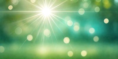 The primary subject of the image is a bright light source, which appears to be a sun or a light bulb. The light source is shining through a green background, creating a vibrant and lively atmosphere. The setting is outdoors, with a grassy area visible in the background. The visual style of the image is a combination of photo and digital art, as it captures the light source's rays and the green background in a visually appealing manner. The colors and mood of the image are pre