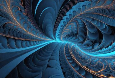 The primary subject of the image is a blue and orange swirling pattern, which appears to be a digital art or illustration. The setting is a blue background, and the visual style is a combination of digital art and illustration. The dominant colors are blue and orange, creating a vibrant and lively atmosphere.