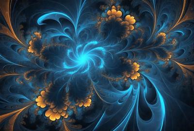 The primary subject of the image is a blue and yellow swirling pattern, which appears to be a digital art or illustration. The setting is a dark blue background, creating a contrasting effect with the vibrant colors of the swirling pattern. The visual style suggests that the image is a creative and artistic representation, possibly inspired by the natural world or abstract art. The dominant colors are blue and yellow, creating a sense of depth and movement in the composition.