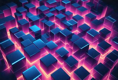 The primary subject of the image is a large, colorful, and intricate pattern of blue and pink squares. The setting is a dark background, which contrasts with the vibrant colors of the squares. The visual style is a combination of digital art and illustration, creating a unique and eye-catching design. The dominant colors are blue and pink, which evoke a sense of energy and creativity.