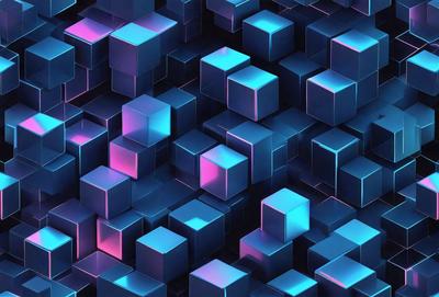The primary subject of the image is a large, colorful, and intricate pattern made up of many small, blue, and pink squares. The setting is a blue background, which complements the vibrant colors of the pattern. The visual style is a digital art or illustration, showcasing the artist's creativity and attention to detail. The colors and mood of the image are lively and energetic, with the blue and pink squares creating a sense of depth and dimension.