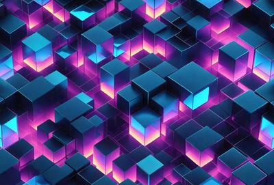 The primary subject of the image is a pattern of brightly colored, illuminated cubes. The setting is a purple background, which adds to the overall visual style. The image appears to be a digital art or illustration, showcasing a vibrant and lively atmosphere. The dominant colors are purple and pink, creating a unique and eye-catching pattern.