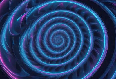 The primary subject of the image is a spiral pattern, which is a blue and purple swirl. The setting is a dark background, which contrasts with the vibrant colors of the spiral. The visual style is a digital art or illustration, as the spiral appears to be a part of a larger design or pattern. The colors and mood of the image are predominantly blue and purple, creating a sense of depth and intrigue.