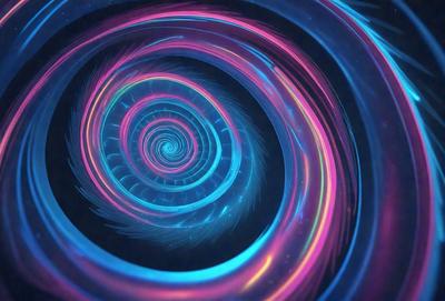 The primary subject of the image is a spiral pattern, which is a blue and pink swirl. The setting is a dark background, which contrasts with the vibrant colors of the spiral. The visual style is a digital art or illustration, as the spiral appears to be a part of a larger design or pattern. The dominant colors are blue and pink, creating a lively and energetic atmosphere.