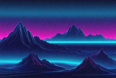 The primary subject of the image is a mountain range with a blue ocean in the foreground. The setting is a beautiful, colorful landscape with a purple sky. The visual style is a digital art or illustration, creating a vibrant and captivating scene. The dominant colors are blue and purple, giving the image a serene and calming atmosphere.
