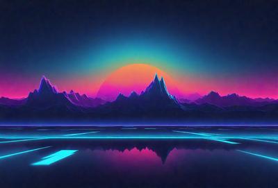 The primary subject of the image is a beautiful sunset with a vibrant rainbow sky. The setting is a serene lake, and the visual style is a combination of photo and digital art. The colors and mood of the image are lively and captivating, with the sunset and rainbow creating a sense of warmth and tranquility.