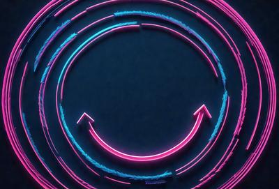The primary subject of the image is a pink circle with a blue line going through it. The setting is a dark blue background, and the visual style appears to be a digital art or illustration. The dominant colors are pink and blue, creating a vibrant and lively atmosphere.