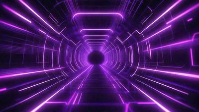 The primary subject of the image is a purple tunnel or tube, which appears to be a futuristic or digital art creation. The setting is a dark, purple-lit environment, which adds to the overall mood of the scene. The visual style of the image is a combination of photo and digital art, creating a unique and captivating visual experience.