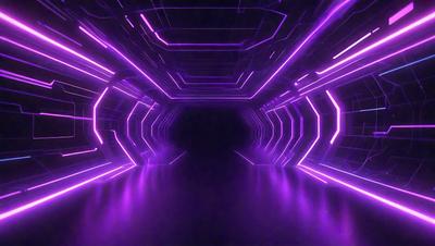 The primary subject of the image is a purple tunnel with a purple floor. The setting is a dark room, and the visual style appears to be a digital art or illustration. The dominant colors and overall atmosphere are purple, creating a unique and futuristic ambiance.
