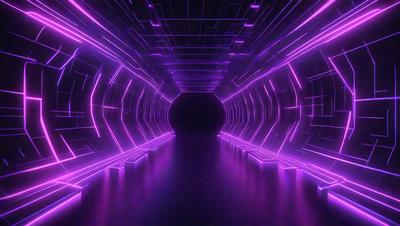 The primary subject of the image is a purple tunnel with a pink lighting effect. The setting is a dark room, and the visual style appears to be a combination of digital art and illustration. The dominant colors are purple and pink, creating a unique and futuristic atmosphere.