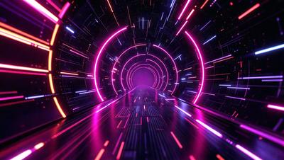The primary subject of the image is a tunnel with a purple lighting effect. The setting is a futuristic environment, and the visual style appears to be a combination of digital art and illustration. The dominant colors are purple and pink, creating a vibrant and futuristic atmosphere.