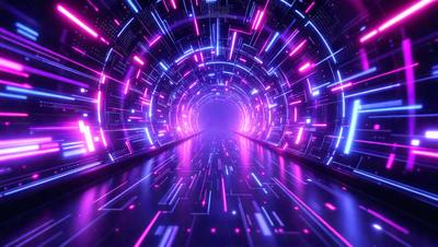The primary subject of the image is a tunnel with a purple lighting effect. The setting is a futuristic environment, and the visual style appears to be a combination of digital art and illustration. The dominant colors are purple and pink, creating a vibrant and futuristic atmosphere.