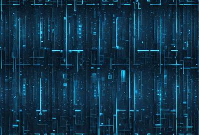 The primary subject of the image is a blue and white patterned wallpaper. The setting is a room with a blue and white color scheme. The visual style is a digital art or illustration, creating a futuristic and modern atmosphere. The dominant colors are blue and white, with a few other colors present in the pattern.