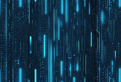 The primary subject of the image is a blue and white patterned background. The setting is a futuristic cityscape, with a backdrop of a blue sky. The visual style is a combination of digital art and illustration, creating a vibrant and dynamic atmosphere. The dominant colors are blue and white, with the blue hues creating a sense of depth and the white elements adding a clean and modern touch to the overall design.