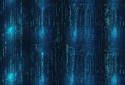 The primary subject of the image is a blue and white patterned wallpaper. The setting is a room with a blue and white wallpapered wall. The visual style is a digital art or illustration, as the pattern appears to be a computer-generated design. The dominant colors are blue and white, creating a calm and soothing atmosphere.