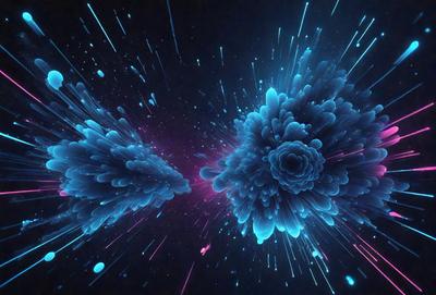 The primary subject of the image is a large, colorful flower with a blue hue. The flower is surrounded by a vibrant and lively background, which includes a mix of blue, pink, and purple colors. The visual style of the image is a combination of digital art and illustration, creating a dynamic and engaging scene. The overall atmosphere of the image is energetic and captivating, with the flower as the central focus.