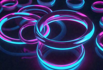 The primary subject of the image is a collection of colorful rings, which are displayed on a dark surface. The setting appears to be a black background, and the visual style is a combination of a photo and digital art. The dominant colors in the image are pink and blue, creating a vibrant and lively atmosphere.