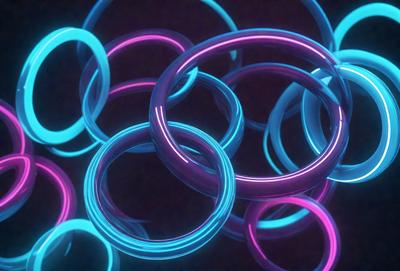 The primary subject of the image is a collection of colorful rings, which are displayed in a visually appealing manner. The setting is a dark background, which contrasts with the vibrant colors of the rings. The visual style of the image is a combination of photo and digital art, creating a unique and eye-catching display. The dominant colors in the image are blue, purple, and pink, which contribute to a lively and energetic atmosphere.