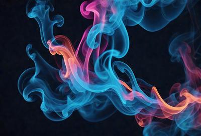 The primary subject of the image is a colorful, swirling cloud of smoke. The setting is a dark background, which contrasts with the vibrant colors of the smoke. The visual style is a combination of photo and digital art, creating a unique and captivating scene. The dominant colors are blue, pink, and orange, giving the image a lively and energetic atmosphere.