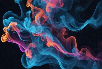The primary subject of the image is a blue and orange smoke, which appears to be a digital art or illustration. The setting is a dark background, and the visual style gives the impression of a surreal or abstract scene. The dominant colors in the image are blue and orange, creating a striking contrast between the two colors. The overall atmosphere of the image is mysterious and intriguing.