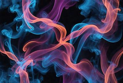 The primary subject of the image is a blue and orange smoke pattern. The setting is a dark background, which contrasts with the vibrant colors of the smoke. The visual style appears to be a digital art or illustration, as the smoke pattern is intricately detailed and the colors are rich and saturated. The overall atmosphere of the image is dynamic and captivating, with the smoke pattern resembling a flowing river or a swirling vortex.