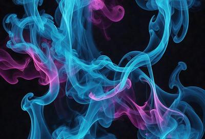 The primary subject of the image is a blue and purple smoke or mist, which appears to be a digital art or illustration. The setting is a dark background, which contrasts with the vibrant colors of the smoke. The visual style gives the impression of a surreal or dreamy atmosphere. The dominant colors are blue and purple, creating a calming and serene mood.
