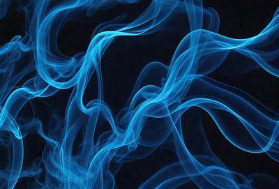 The primary subject of the image is a blue smoke or mist, which appears to be a digital art or illustration. The setting is a dark background, and the visual style gives the impression of a surreal or dreamy atmosphere. The dominant colors are blue and purple, creating a calming and serene mood.