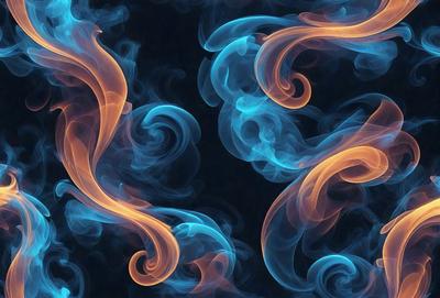 The primary subject of the image is a blue and orange smoke pattern. The setting is a dark background, which contrasts with the vibrant colors of the smoke. The visual style is a combination of digital art and illustration, creating a unique and captivating scene. The dominant colors are blue and orange, giving the image a lively and energetic atmosphere.